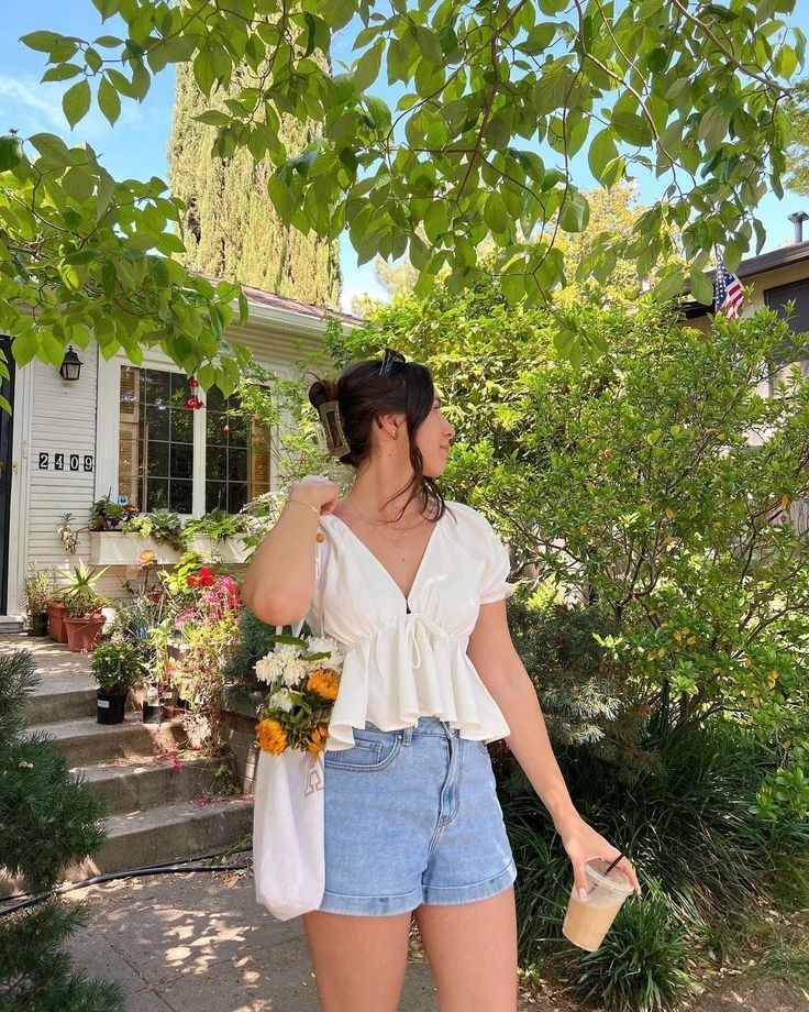 Casual White Blouse with Denim Shorts