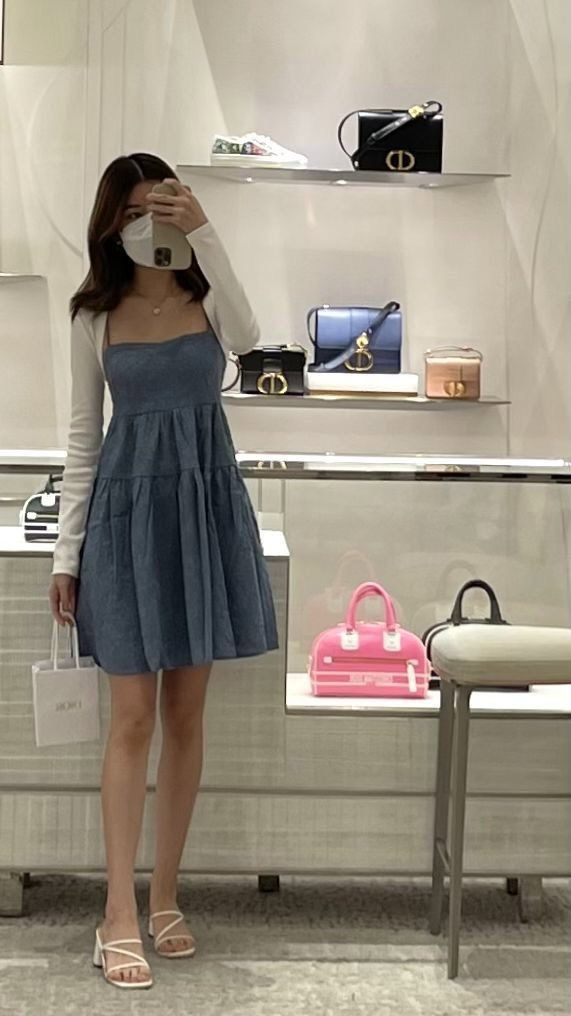 Slate Blue Dress with Cream Cardigan