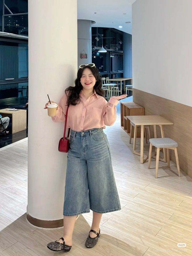 Pink Button-Up with Wide-Leg Denim