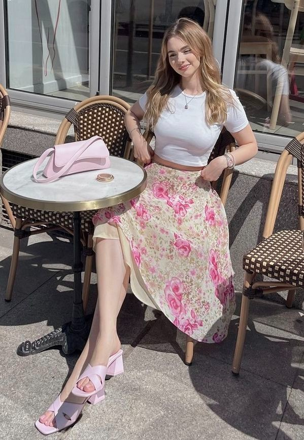 Floral Skirt with Cropped White Tee