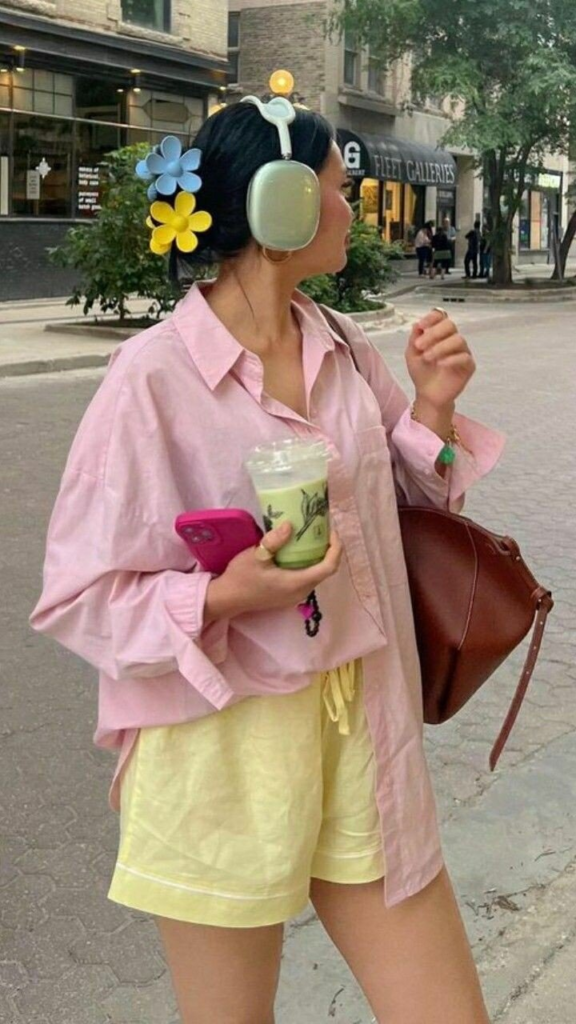 Pastel Pink Shirt with Yellow Shorts