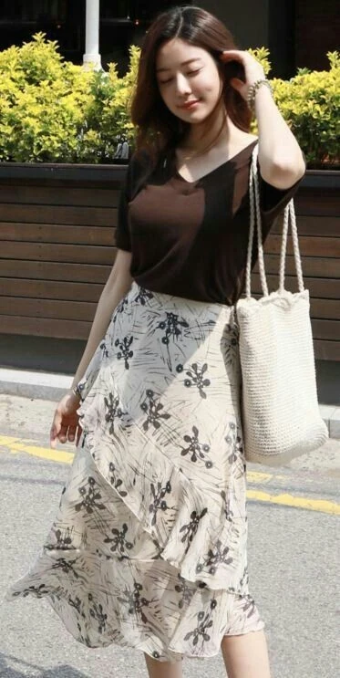 Classic Black Tee and Floral Midi Skirt
