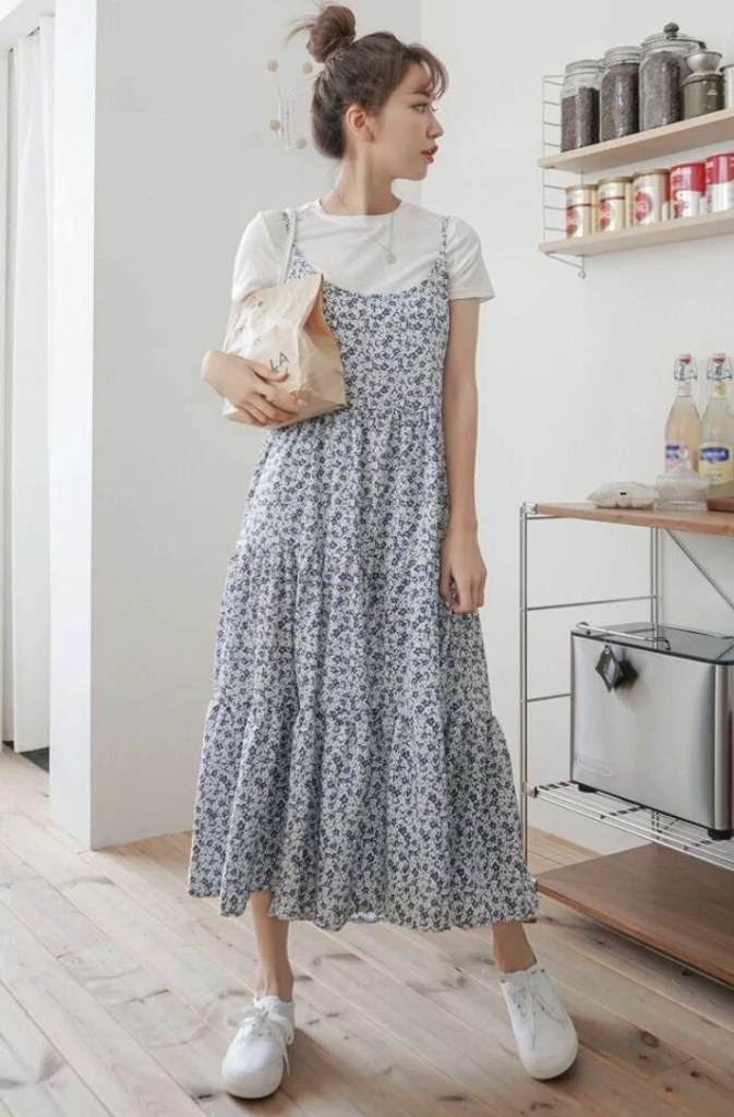 Floral Slip Dress with Casual Tee
