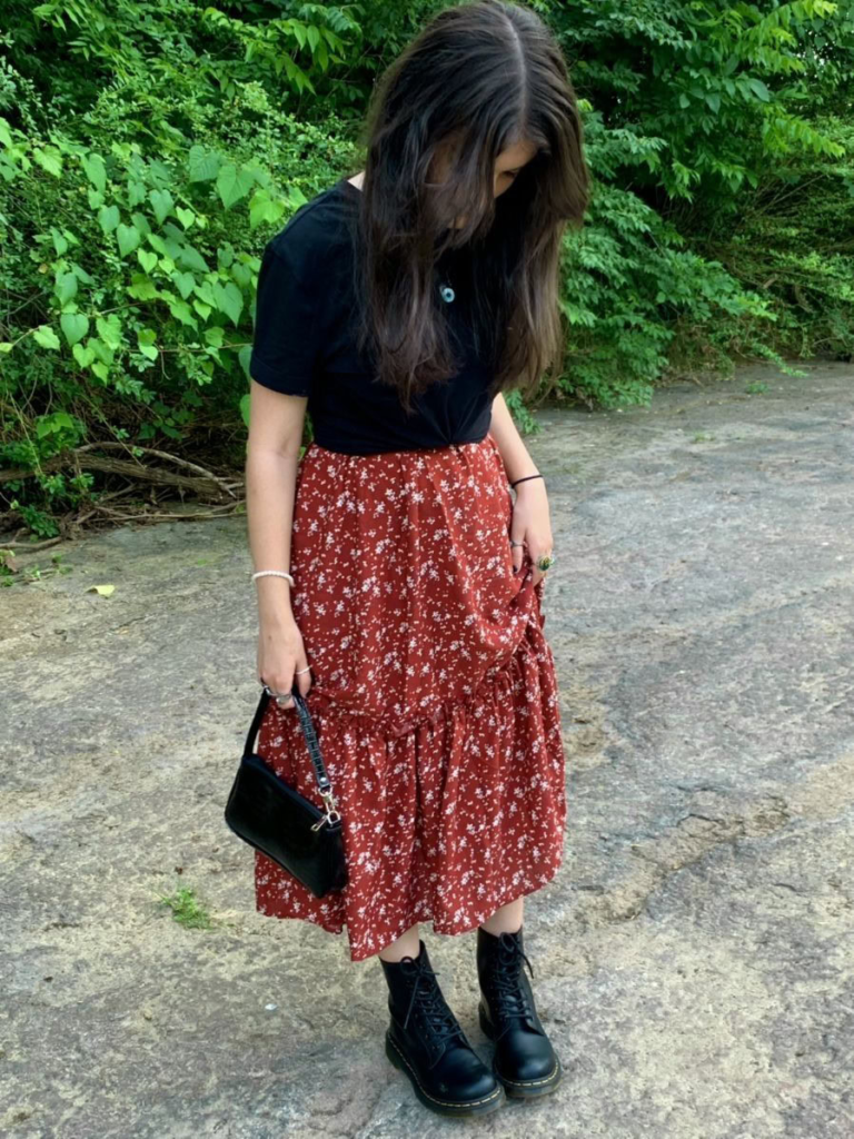 Classic Black Tee with Floral Midi Skirt
