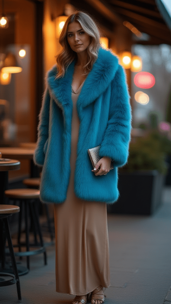 Colorful Faux Fur Coat and Slip Dress

