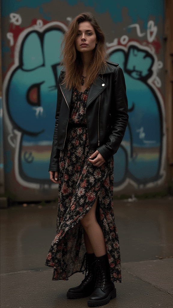 Printed Maxi Dress and Combat Boots
