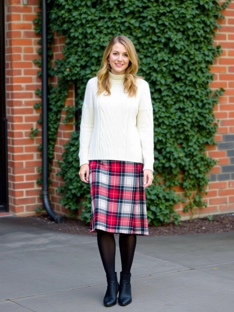 Cable Knit Sweater and Plaid Skirt

