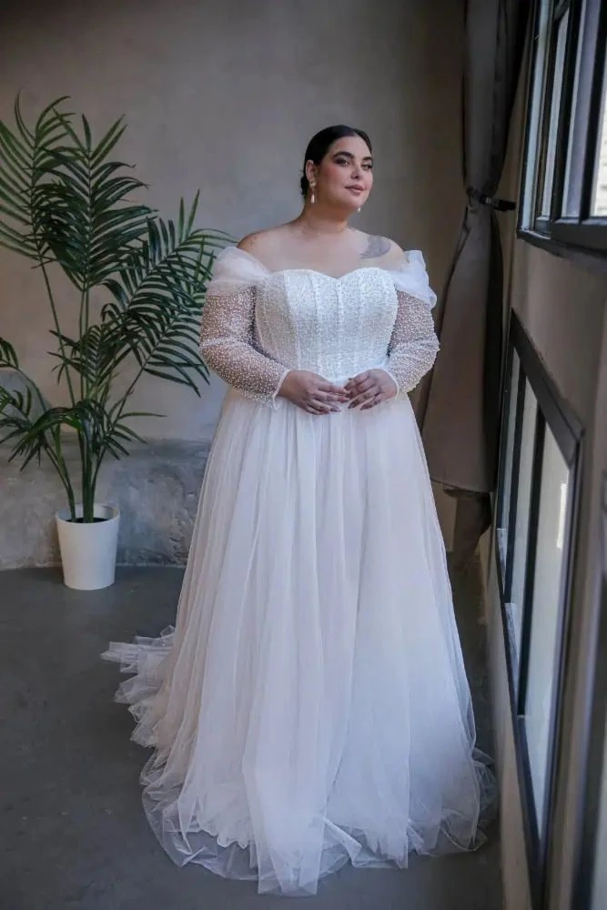 Off-Shoulder Beaded Tulle Gown
