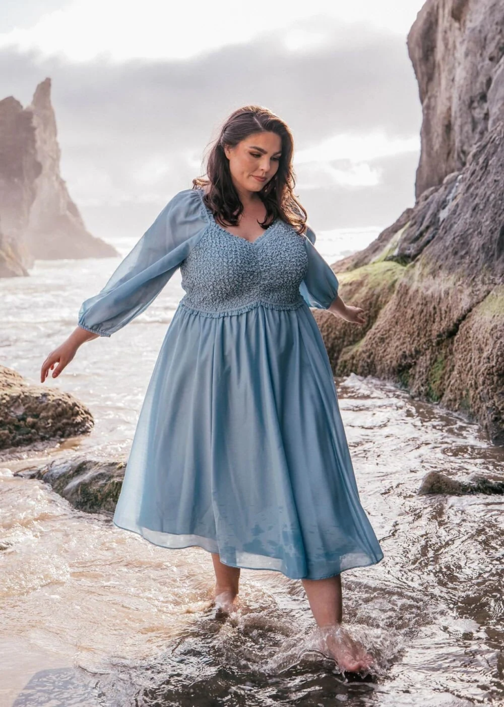 Soft Blue Midi Dress with Puff Sleeves
