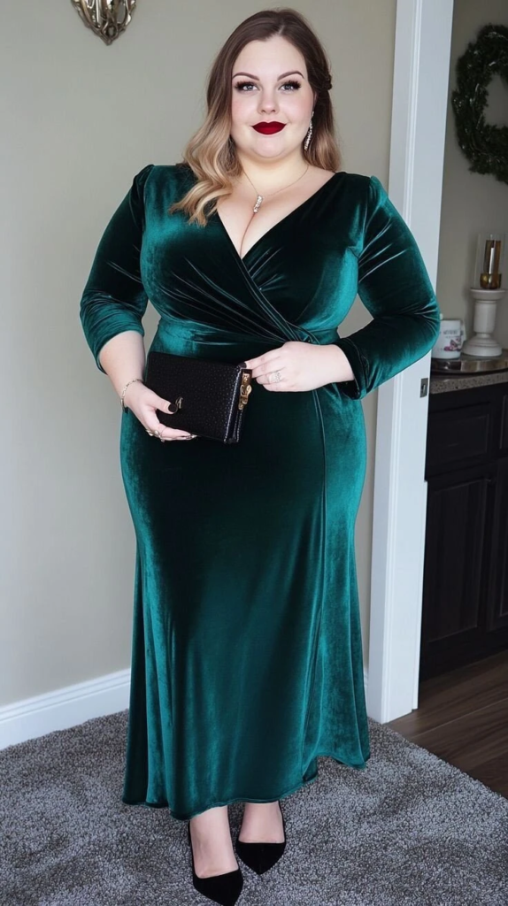 Emerald Velvet Wrap Dress Elegance
