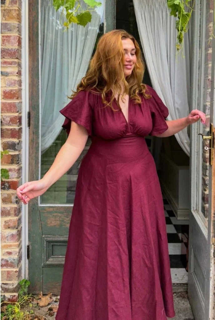 Burgundy Flutter Sleeve Wrap Dress

