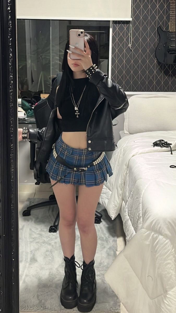 Edgy Leather Jacket with Plaid Skirt