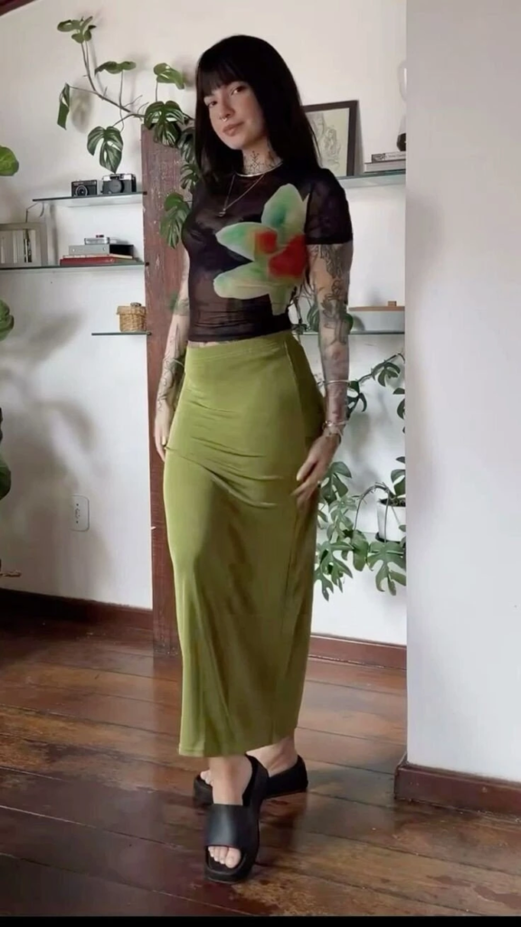 Dark Top with Chartreuse Maxi Skirt
