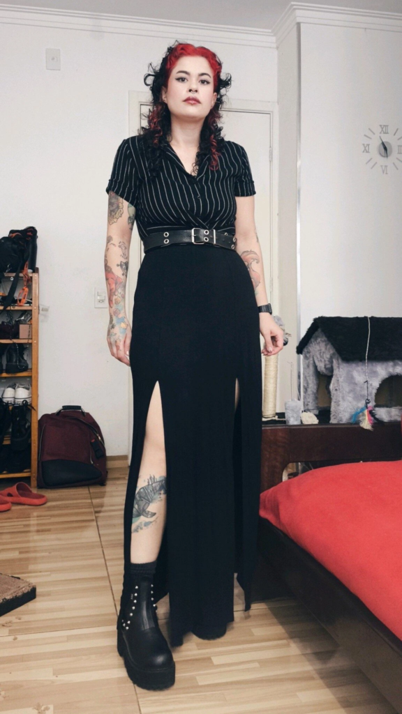 Pinstriped Wrap Top with High-Slit Skirt
