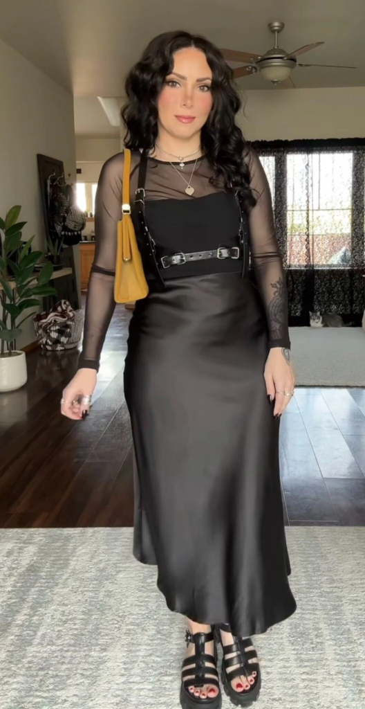 Sheer Mesh and Satin Slip Dress
