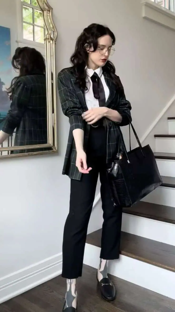 Dark Plaid Blazer with Preppy Elegance
