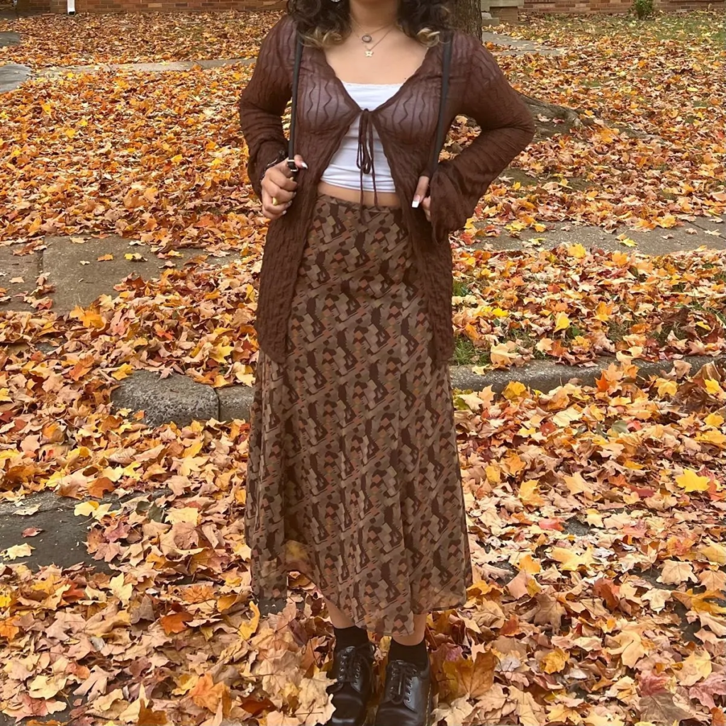 Brown Cardigan with Patterned Maxi Skirt
