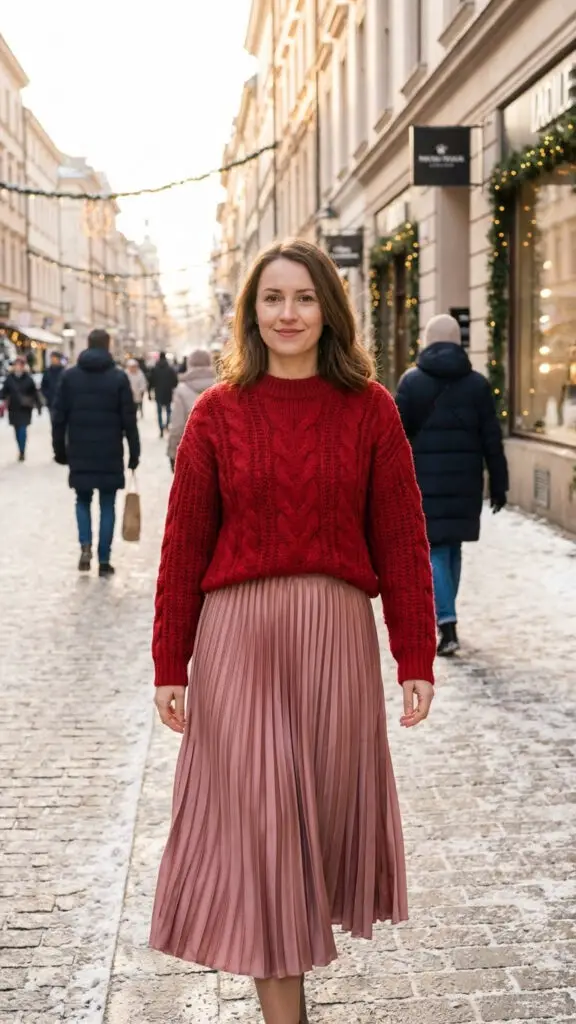 1. Red Sweater + Pink Midi Skirt