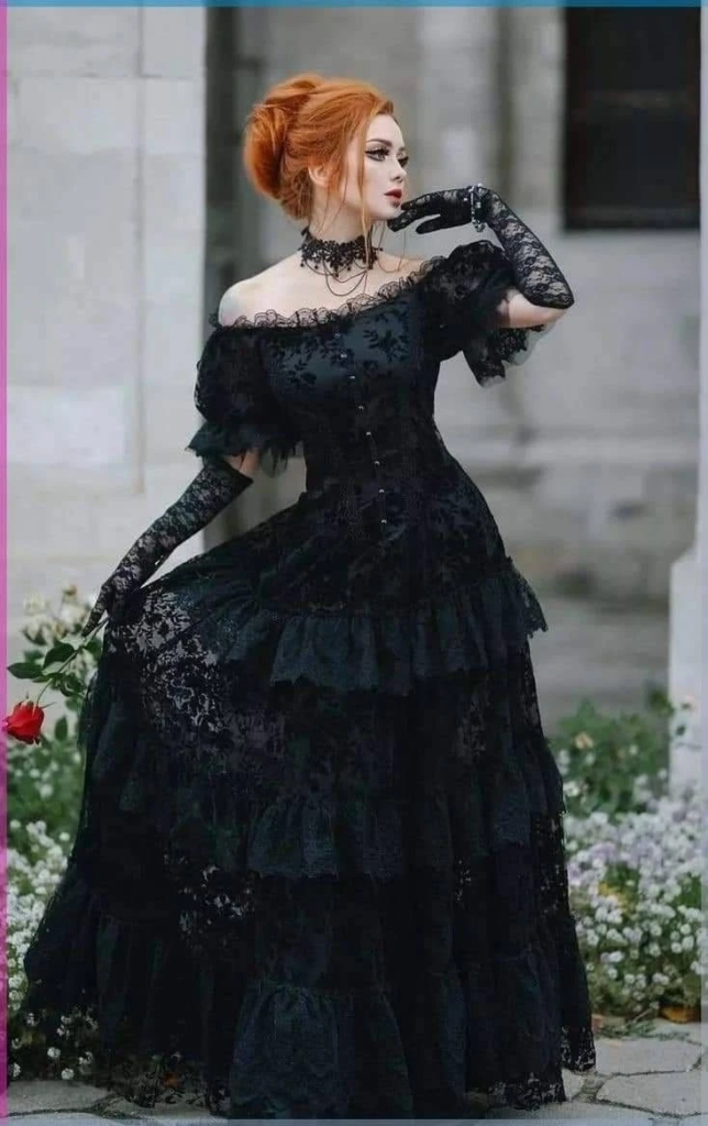 Off-Shoulder Black Lace Gown
