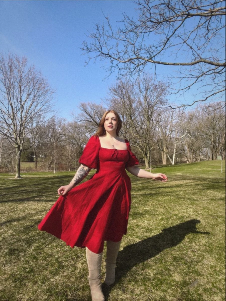 Crimson Elegance with Puffed Sleeves
