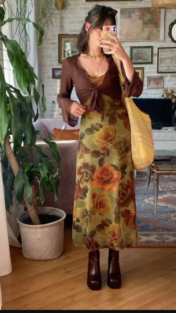 Vintage Floral Slip Dress with Sheer Cardigan
