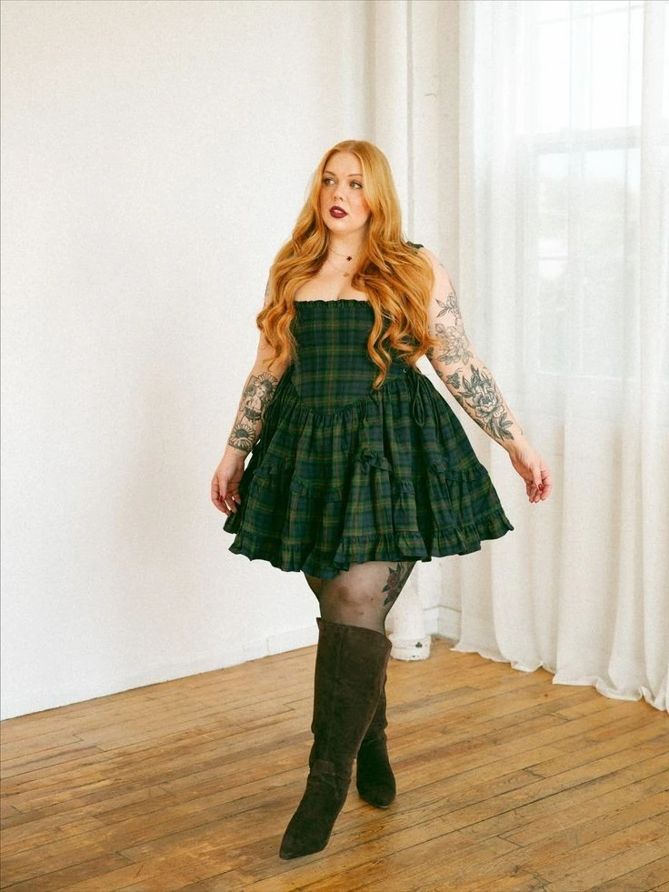 Dark Plaid Dress With Romantic Flair
