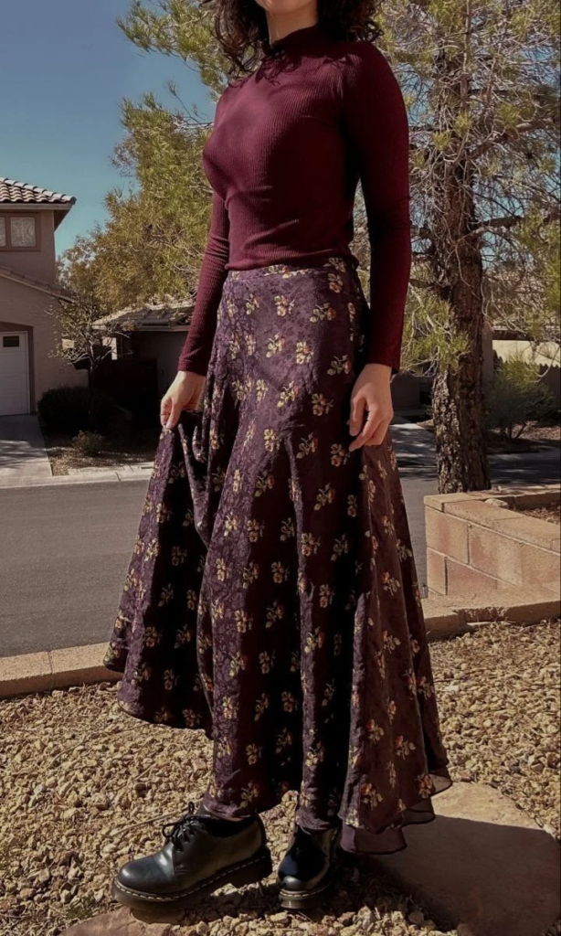 Burgundy Ribbed Top with Floral Midi Skirt

