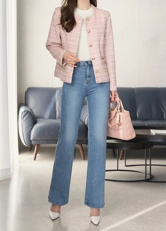 Soft Pink Tweed Blazer with Classic Denim
