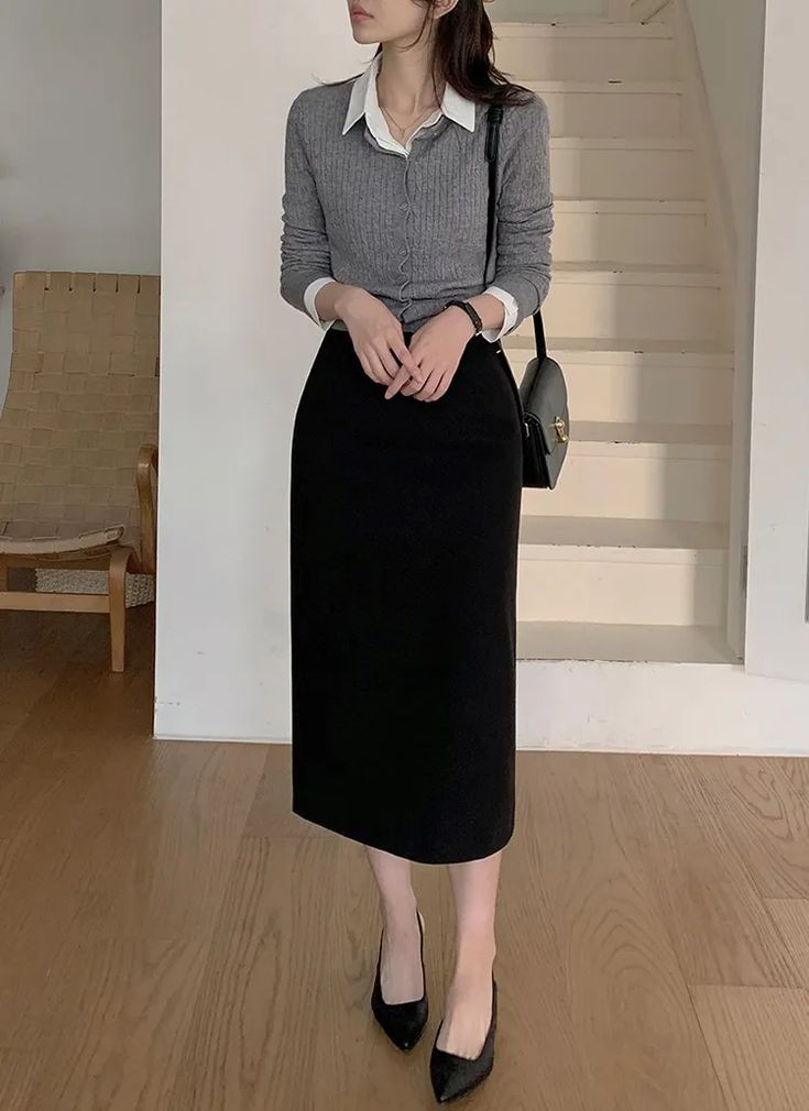 Gray Cardigan with Velvet Midi Skirt
