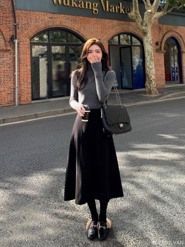 Charcoal Sweater with Elegant Black Midi

