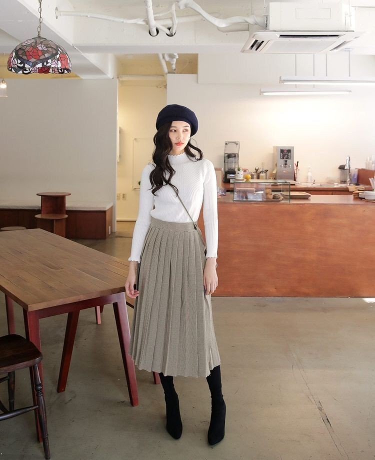 Cream Sweater with Pleated Midi Skirt
