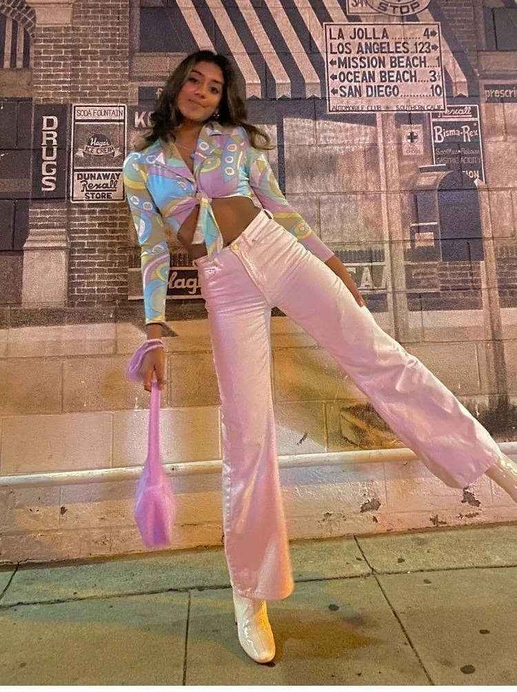 Pastel Y2K Crop Top and Wide-Leg Jeans
