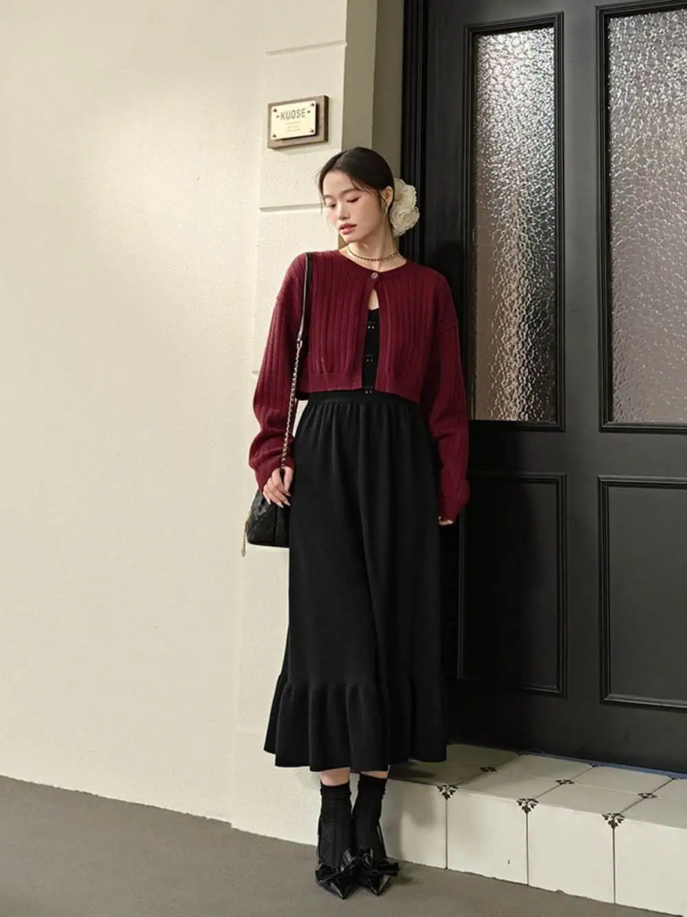 Burgundy Cardigan with Black Midi Dress

