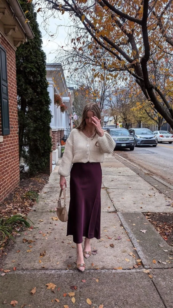 Cream Cardigan and Burgundy Midi Skirt
