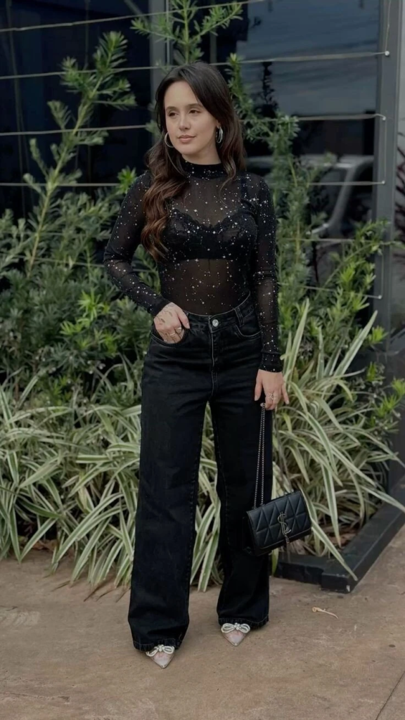 Sparkly Sheer Top with Wide-Leg Denim
