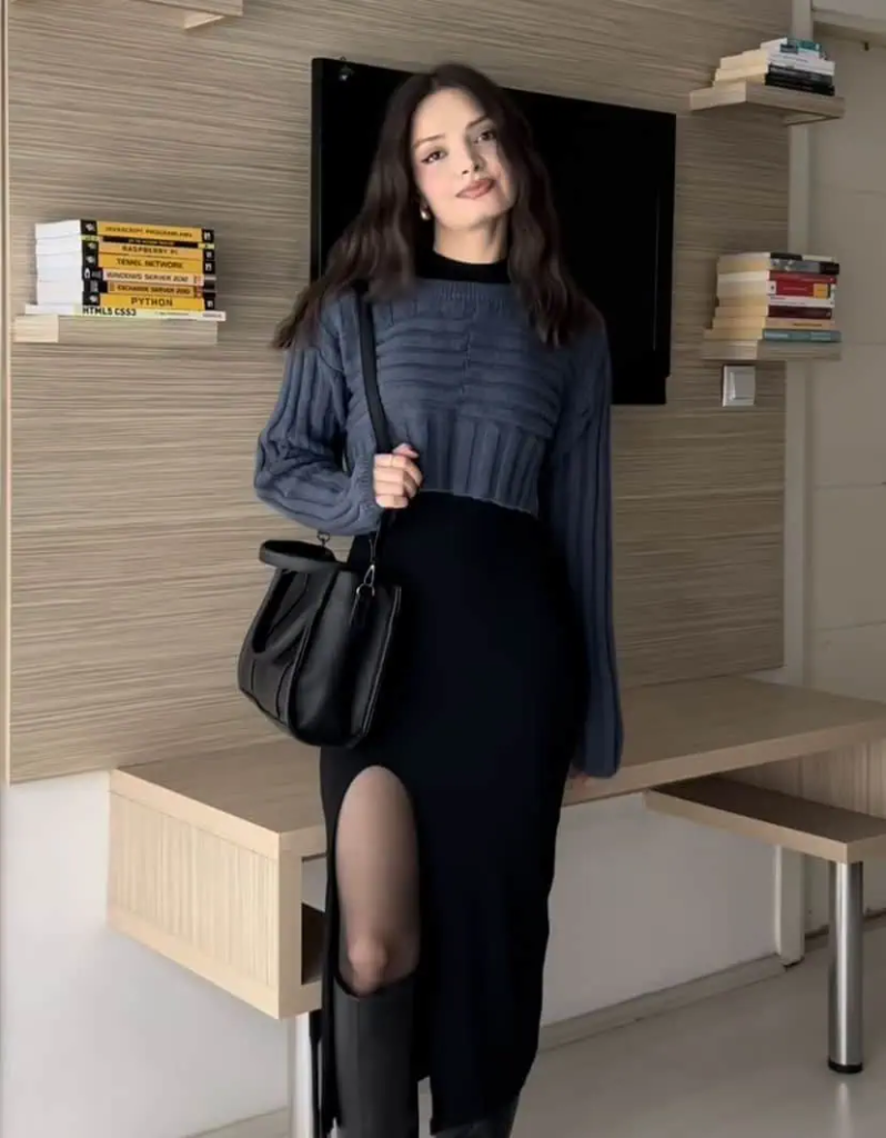 Cropped Blue Knit with Black Midi Skirt
