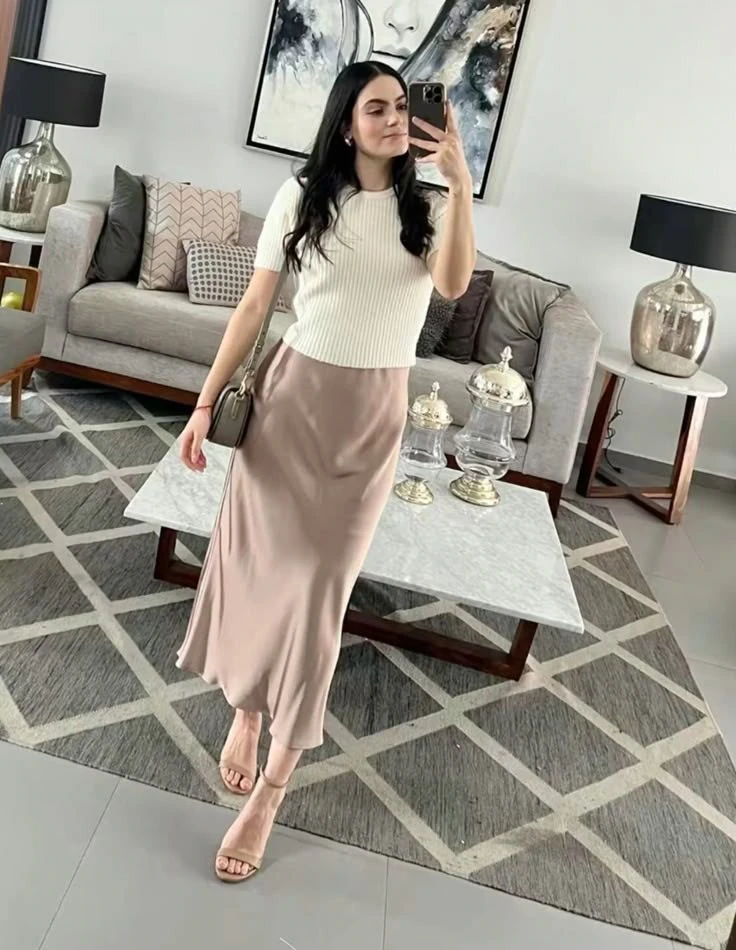 Cream Knit and Satin Skirt Elegance

