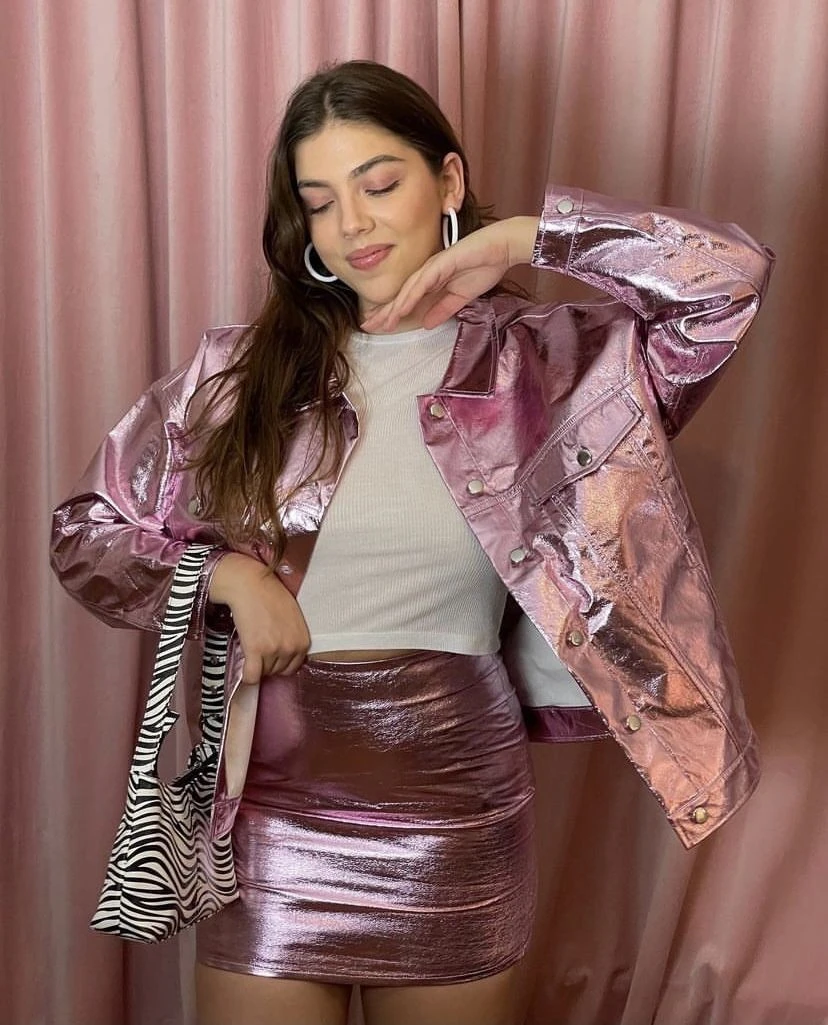Metallic Pink Jacket with Matching Skirt
