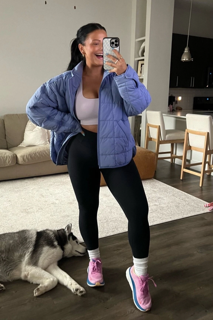 Periwinkle Puffer Jacket with Black Leggings
