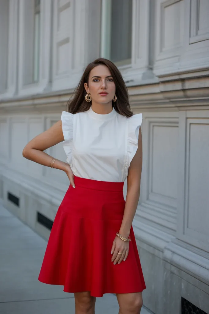 Classic Red Skirt and White Ruffle Top