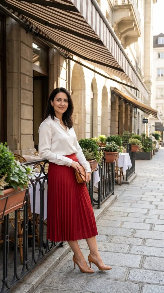 5. White Satin Blouse + Red Midi Skirt