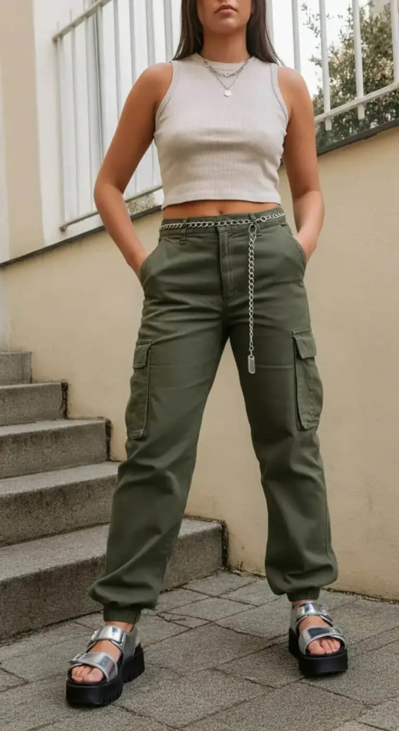 Platform Sandals with Cargo Pants