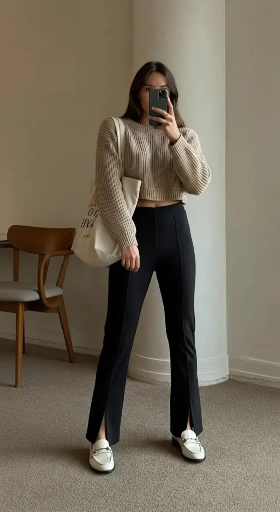 Split Hem Pants with Cropped Sweater
