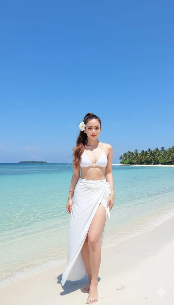 White Bikini with Flowing Sarong Wrap