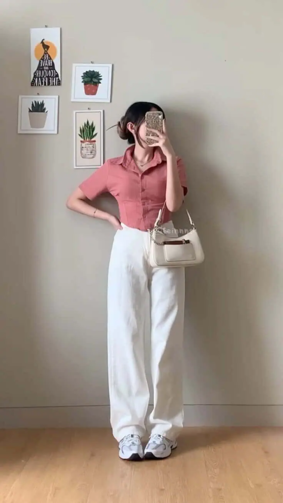 Classic Pink Blouse with Crisp White Trousers