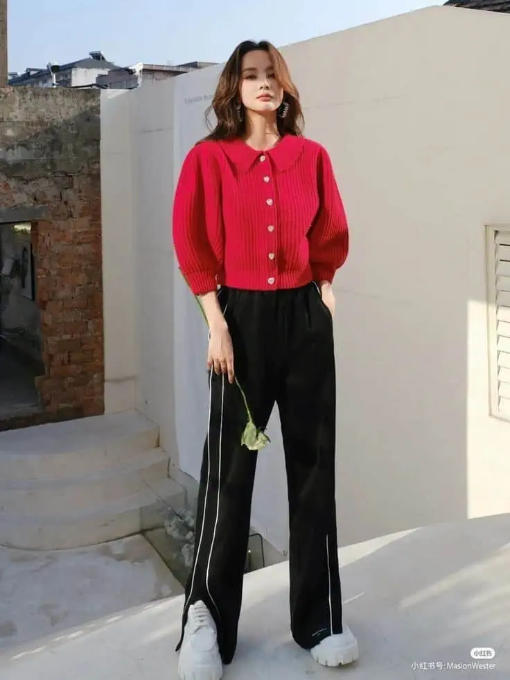 Bold Red Cardigan with Tailored Black Trousers