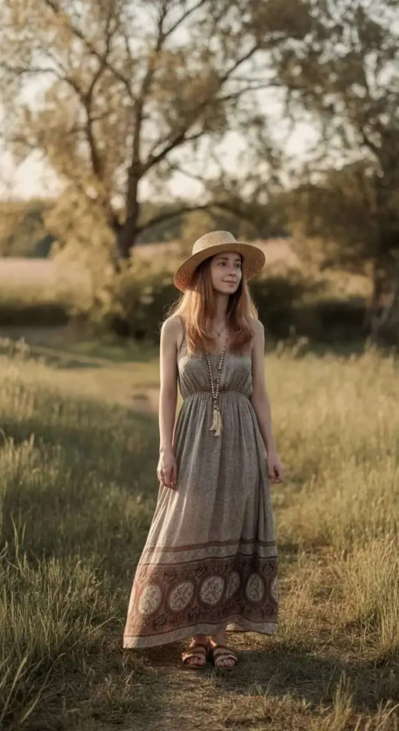 Maxi Dress with a Straw Hat
