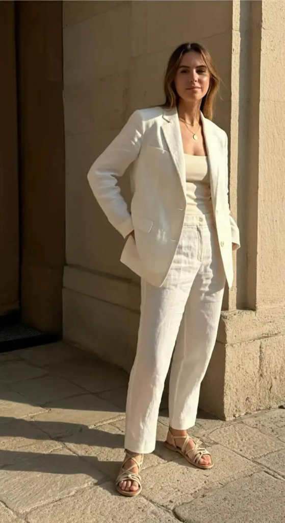 White Linen Suit with Strappy Sandals