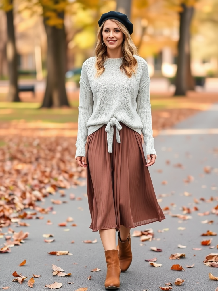 19. Tie-Front Sweater and Midi Skirt