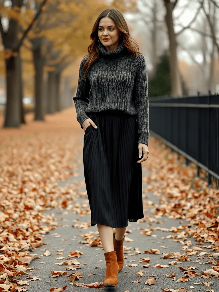 Turtleneck Sweater and Midi Skirt